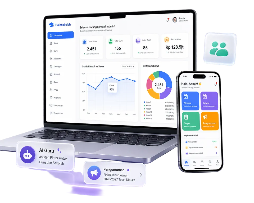 Dashboard Halosekolah pada mockup laptop dan aplikasi mobile dengan kartu fitur AI Guru, Pengumuman, dan Analitik